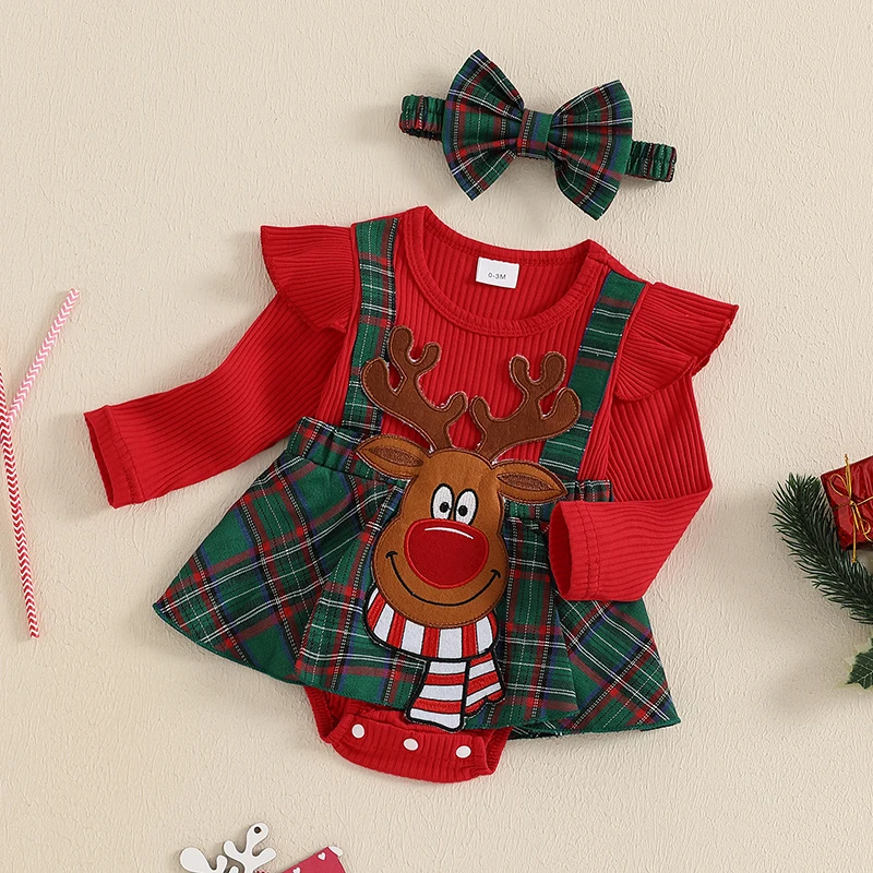 Newborn Baby Girl Christmas Outfit Christmas Romper Dress Ruffle Long Sleeve Bodysuit Cute Fall Winter Clothes