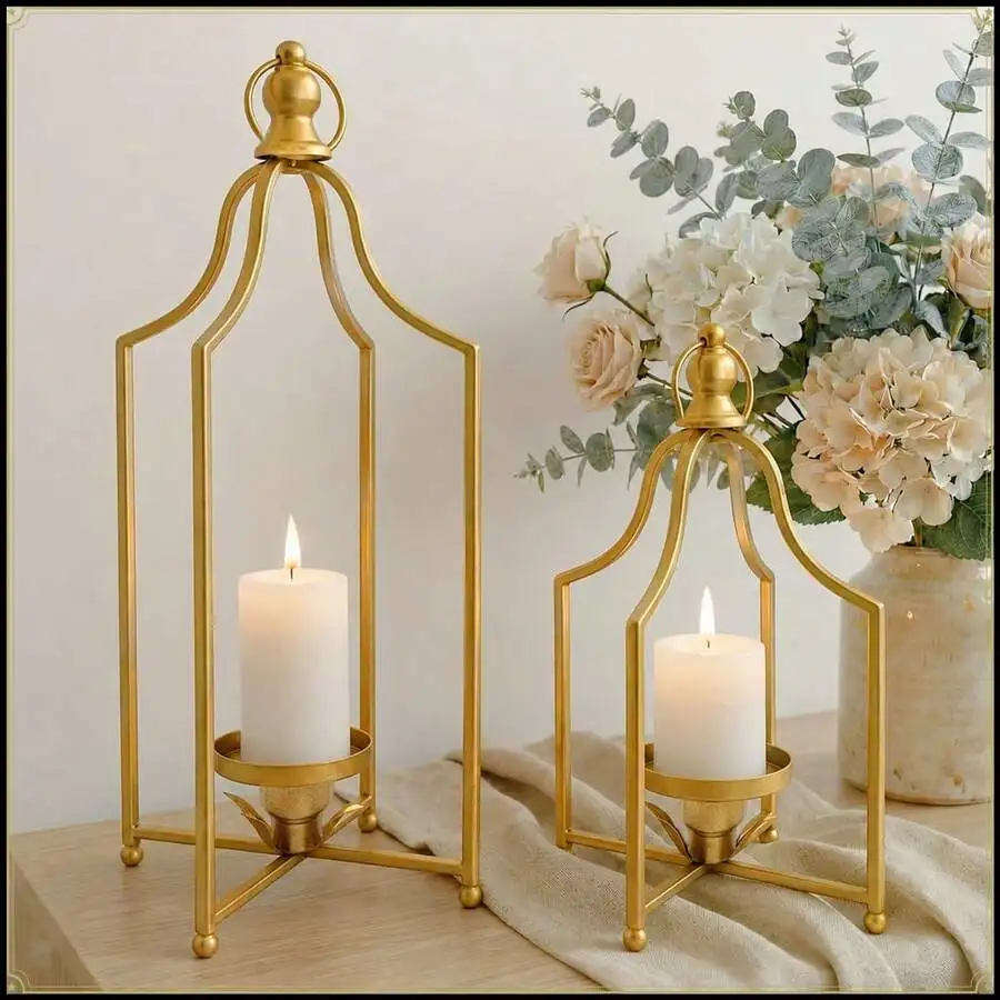 Farmhouse Mantel Table Decor: Antique Gold Metal Iron Lanterns 12.5 16.5 For Cozy Festive Gatherings Handcrafted Timel Elegance
