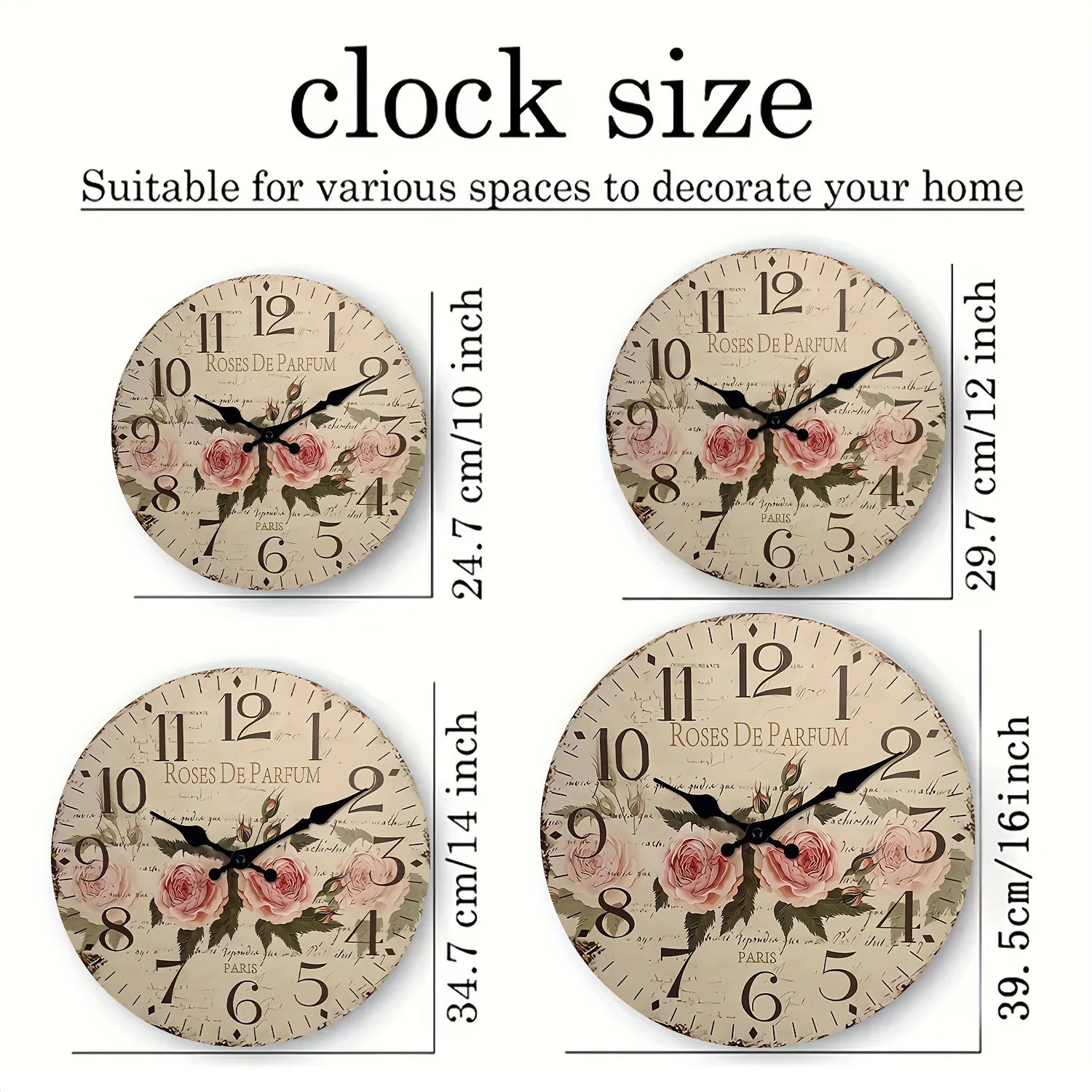 Retro “Roses De Parfum” Pattern Wooden Wall Clock Living Room Bedroom Kitchen Home Decoration Wall Clock Silent Quartz Clock Holiday Gift 10 Inches