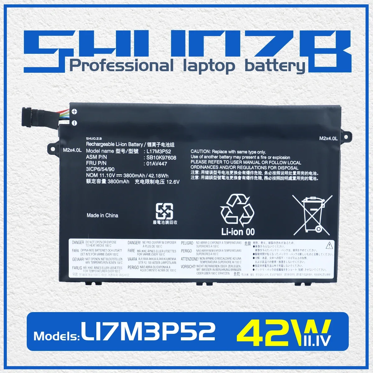 

SHUOZB L17M3P52 Laptop Battery For Lenovo ThinkPad E480 E485 E580 E490 E590 E585 R480 R580 01AV445 01AV447 L17L3P51 L17C3P51