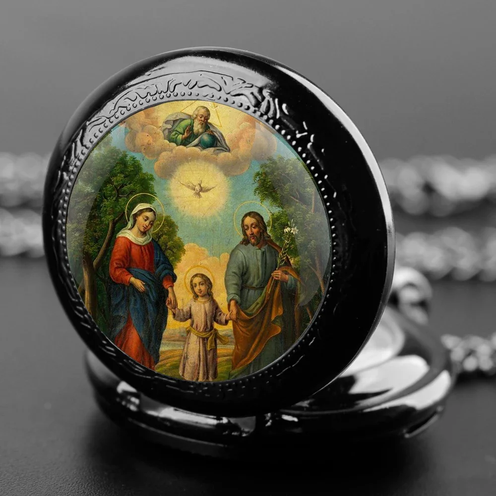 Virgen María y bebé Jesús catolicismo cristiano reloj de bolsillo con collar de cadena relojes colgantes de cuarzo Vintage regalo para hombres y mujeres