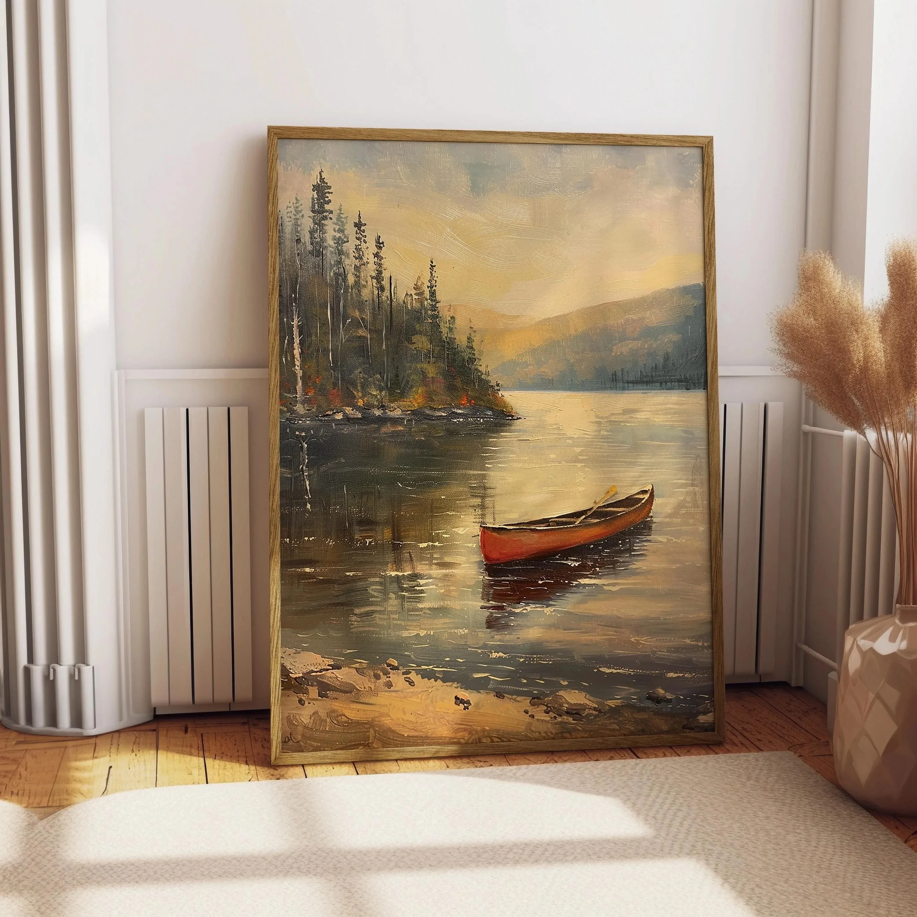 Vintage Canoe in the Lake Oil Painting Print Rustic Antique Retro Sports Poster Canadian Travel Cabin Cottage Wall Art Gifts