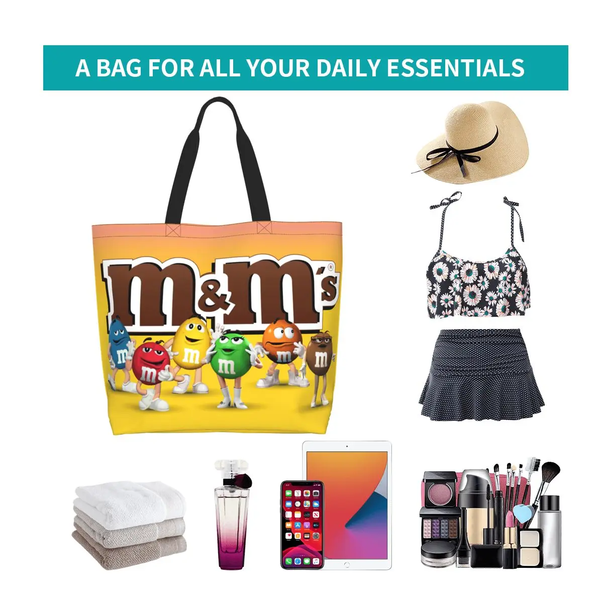 Mignon fourre-tout imprimé M & M's Chocolate Shopping Bags, Bungalow Canvas Shopper, Initiated Funny Candy Meme Handbag