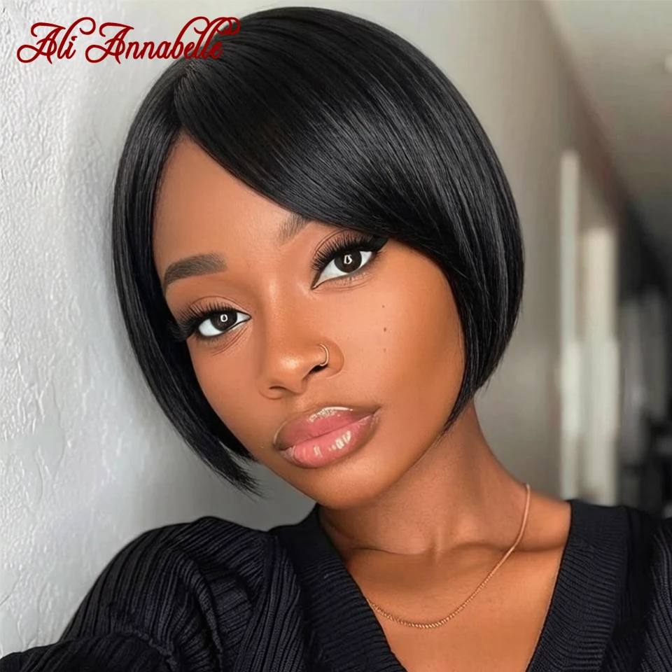 Short Pixie Cut Wig With Bang #1B Color, Human Hair