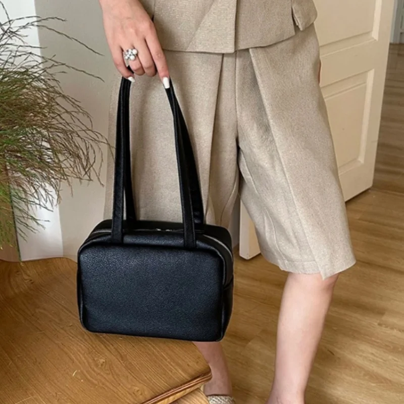 High-end Soft Leather Tote Bag Luxury Top-grain Cowhide Underarm Bag Single Strap Bowling Ball Bag Large Capacity Shoulder Bag