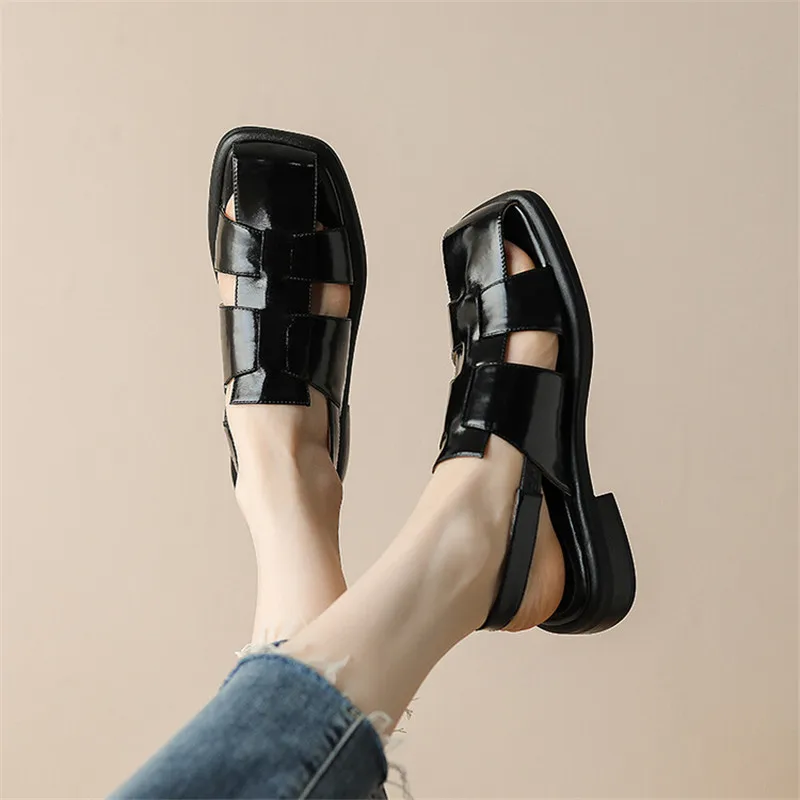 2023 Summer Sandals Split Leather Square Toe Women Sandals French Women Shoes Cover Toe Sandals for Women Hollow Out Roman Shoes