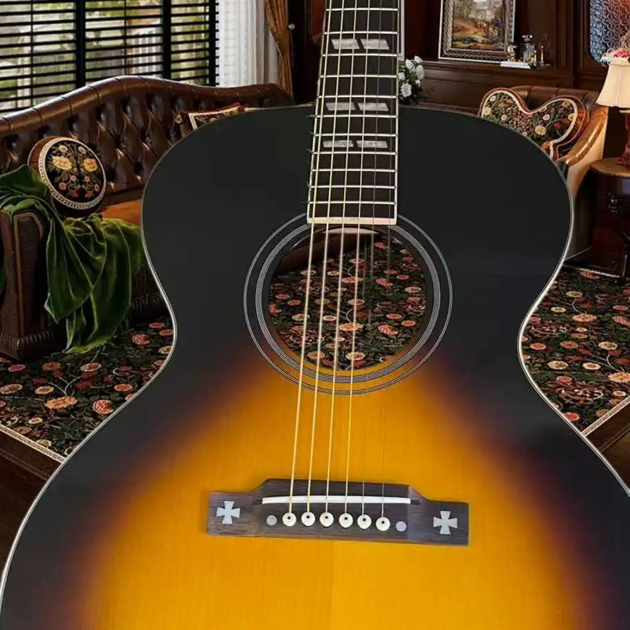 Vintage Sunburst J185 Acoustic Guitar Retro Rectangular Block MOP Inlays BW Sparkle Binding Spruce Body Perfect Fingerstyle