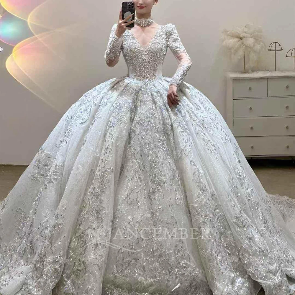 Personalizado elegante vestido de baile princesa vestidos de casamento mangas compridas plissado organza feito vestido de noiva tribunal trem vestidos de novia boda