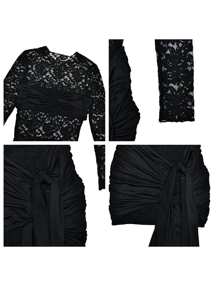 Sheer renda retalhos faixa bodycon mini vestido para mulheres tripulação pescoço manga longa magro vestido curto férias sexy rua outfit