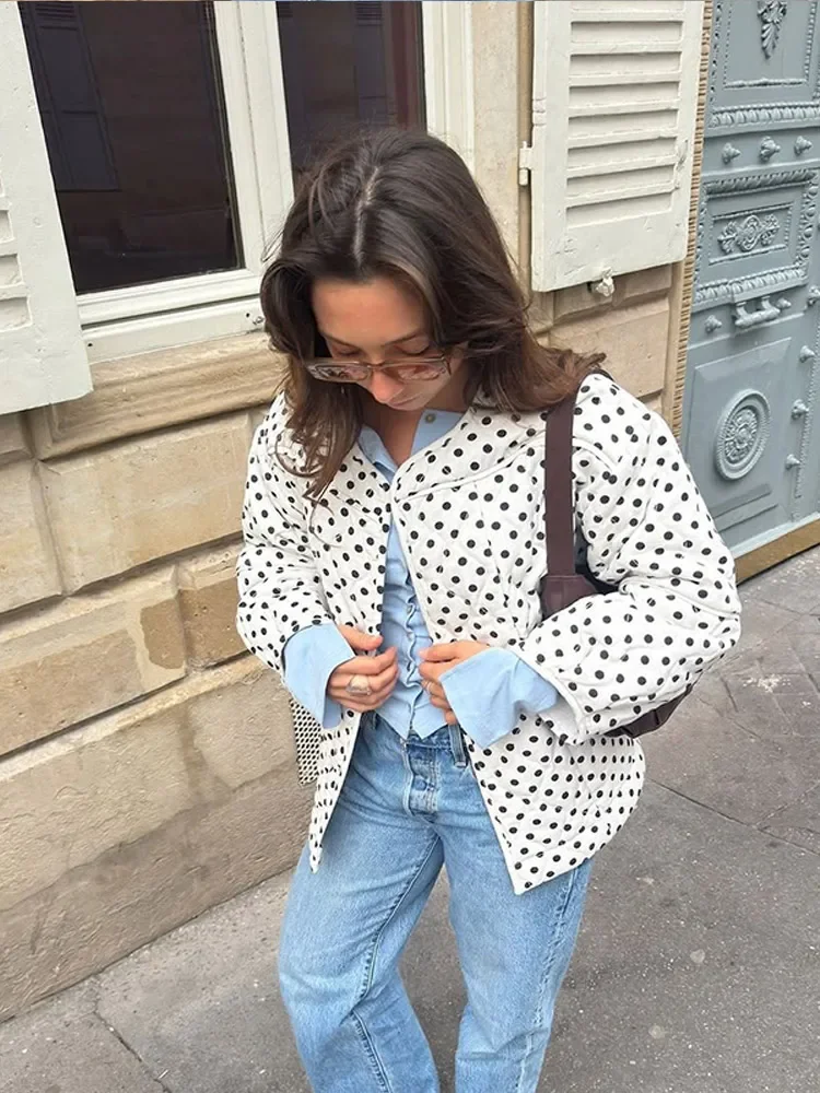 

Polka Dot Cotton Cropped Jacket 2025 Woman Trendy Oversize Full Sleeves Streetwear Chic O Neck Casual Streetwear New Winter Coat