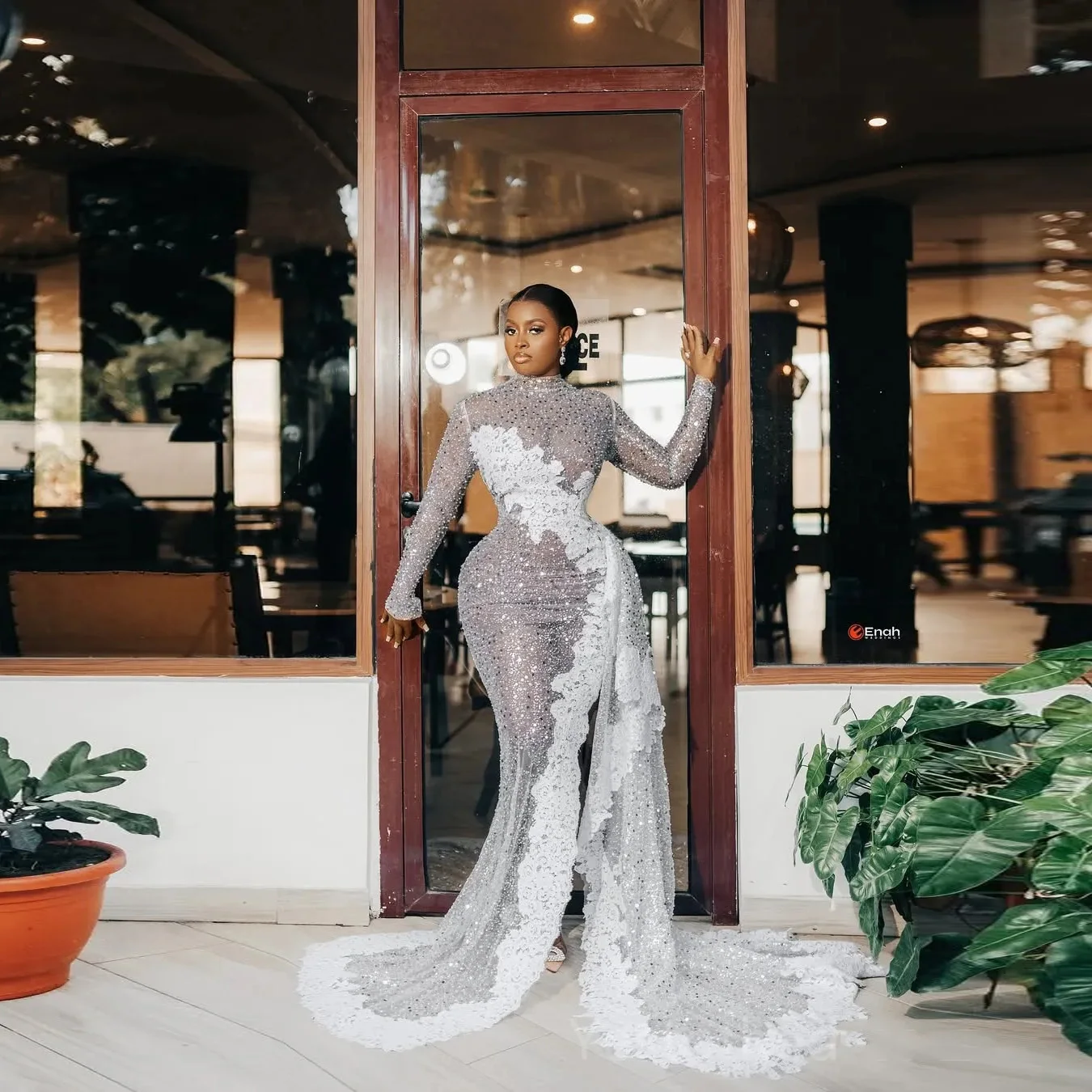 Major Beaded Rhinestone Evening Dresses Applique Long Formal Evening Gowns Plus Size Mermaid Sequin Party Dress Transparent