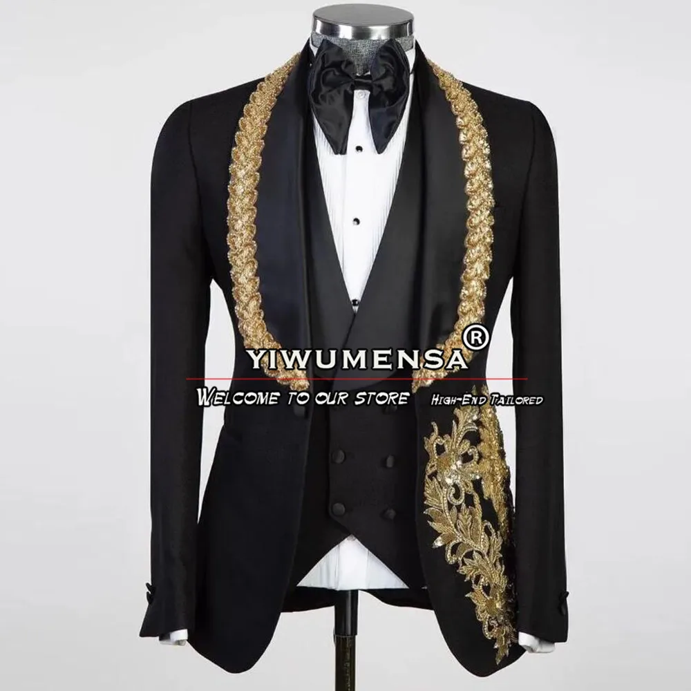 Black Wedding Suits For Groomsmen Luxury  Gold Appliques Beading Jacket Vest Pants 3 Pieces Prom Party Man Tuxedos Plus Size Set