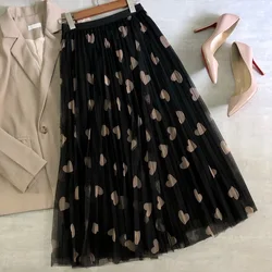 Tulle Maxi Skirt Women Fashion 2022 Spring Summer Heart Print High Waist Pleated Mesh  Long Skirt Female Aesthetic Skirt