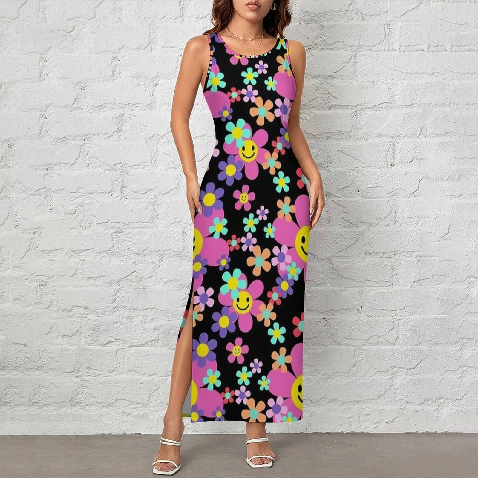 Vestido ajustado de mujer, sexy, con estampado de flores, ideal para discotecas, con un toque divertido y moderno, estilo hippie, vestido largo de verano, sin mangas, para uso diario, con diseño gráfico.