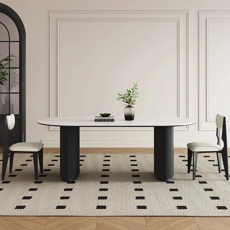 French retro solid wood rock board dining table and chair combination, cream style dining table rectangular and simple