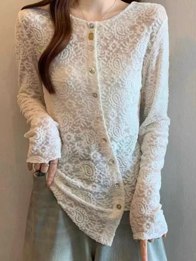 

Women's Long Sve Lace irt Embroidered Hollow out Base Top Asymmetrical Design Commute Sle Straight Cut Silk T-irt