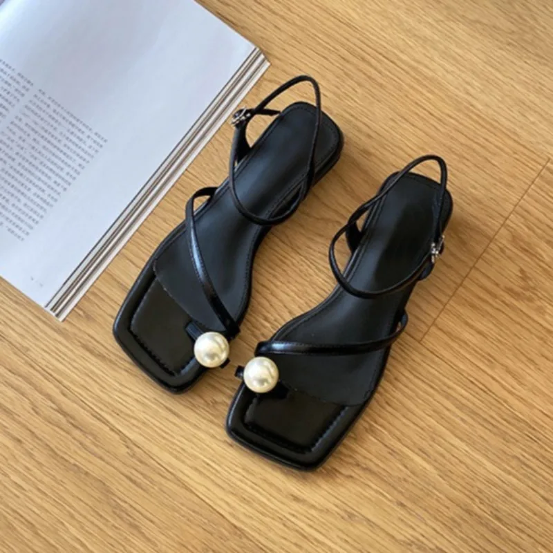

New Womens Shoes Exquisite Imitation Pearl Low Heel Sandals for Woman Elegant French Casual Shoes Designer Shoes Sandalias Mujer