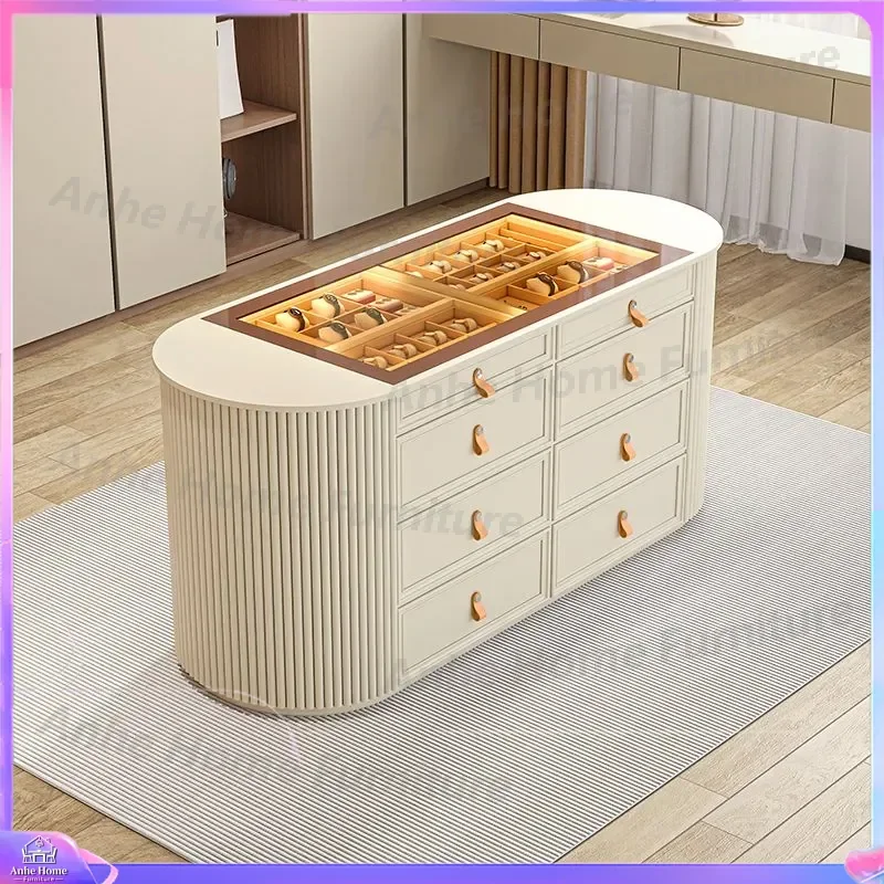Cream French Style Jewelry Display Cabinet Island Showcase Glass Storage Unit Bedroom Floor Standing Organizer Modern Home
