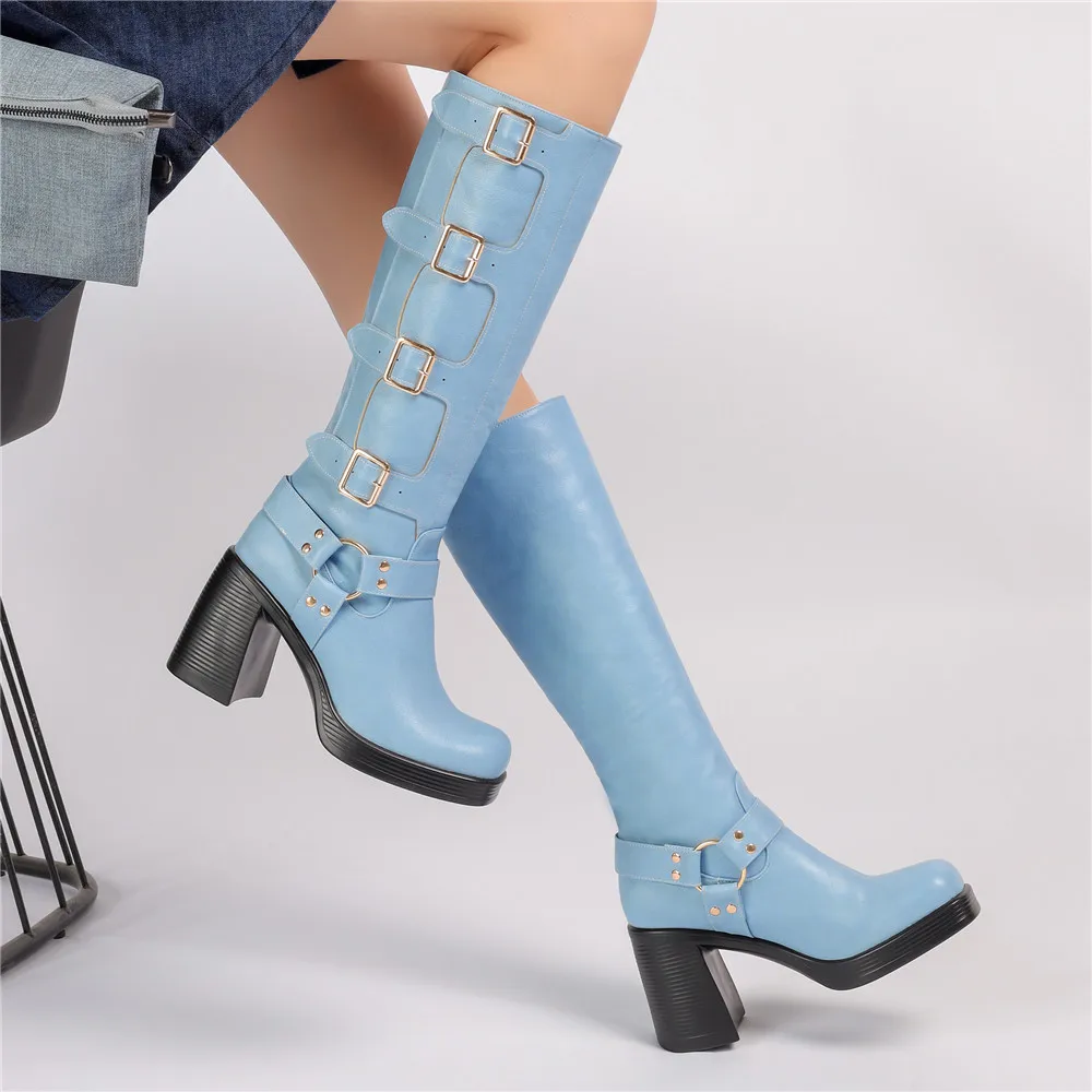 Ladies Motorcycle Booties Punk Style High Heel Shoes Autumn Winter Gothic Platforms Woman Buckle Square Toe Knee-High Boots