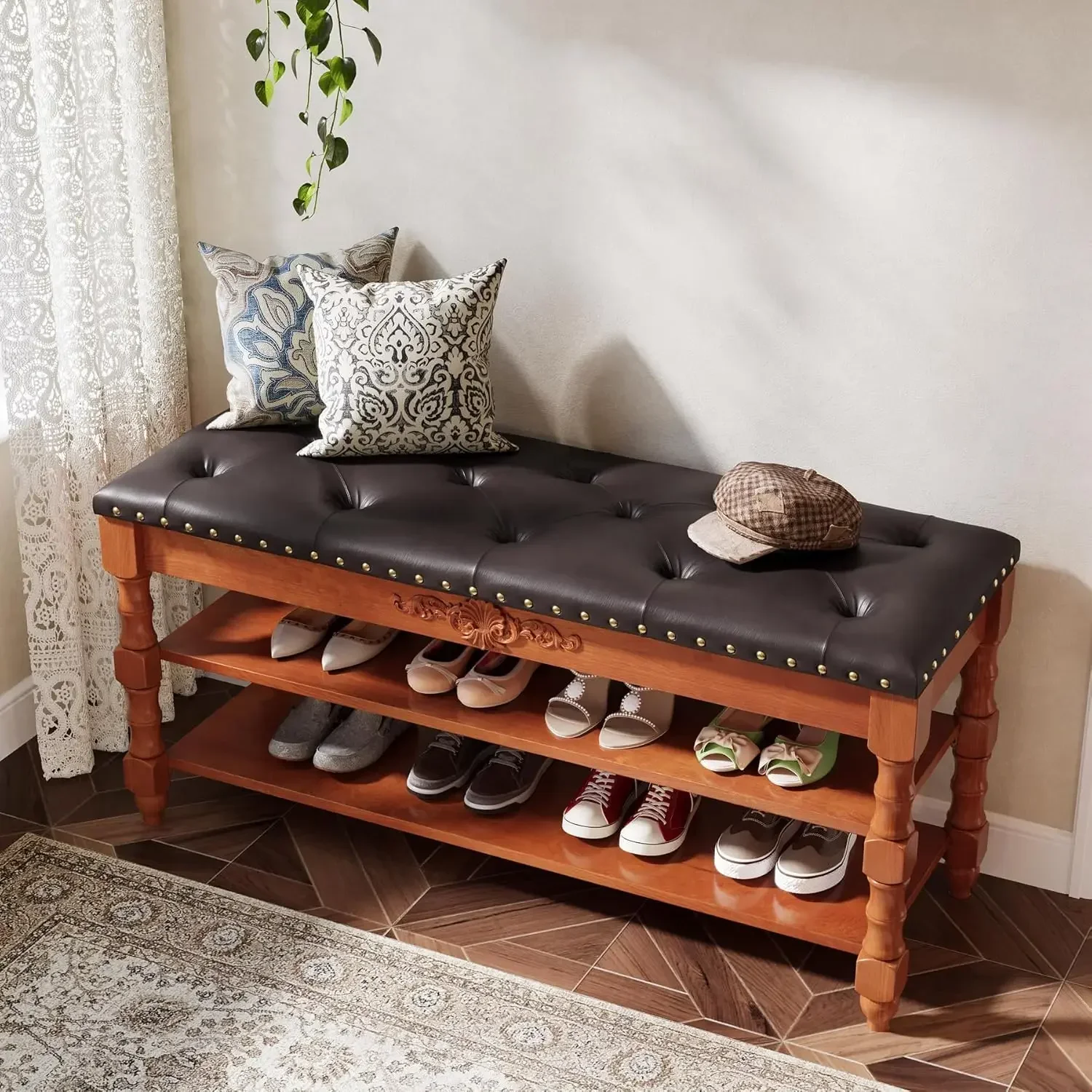 Tribesigns Solid Wood Shoe Bench with Cushion 2 Tier Lift Top, Storge Shoe Bench with Rack for Entryway, 8-10 Pair Shoe Organize