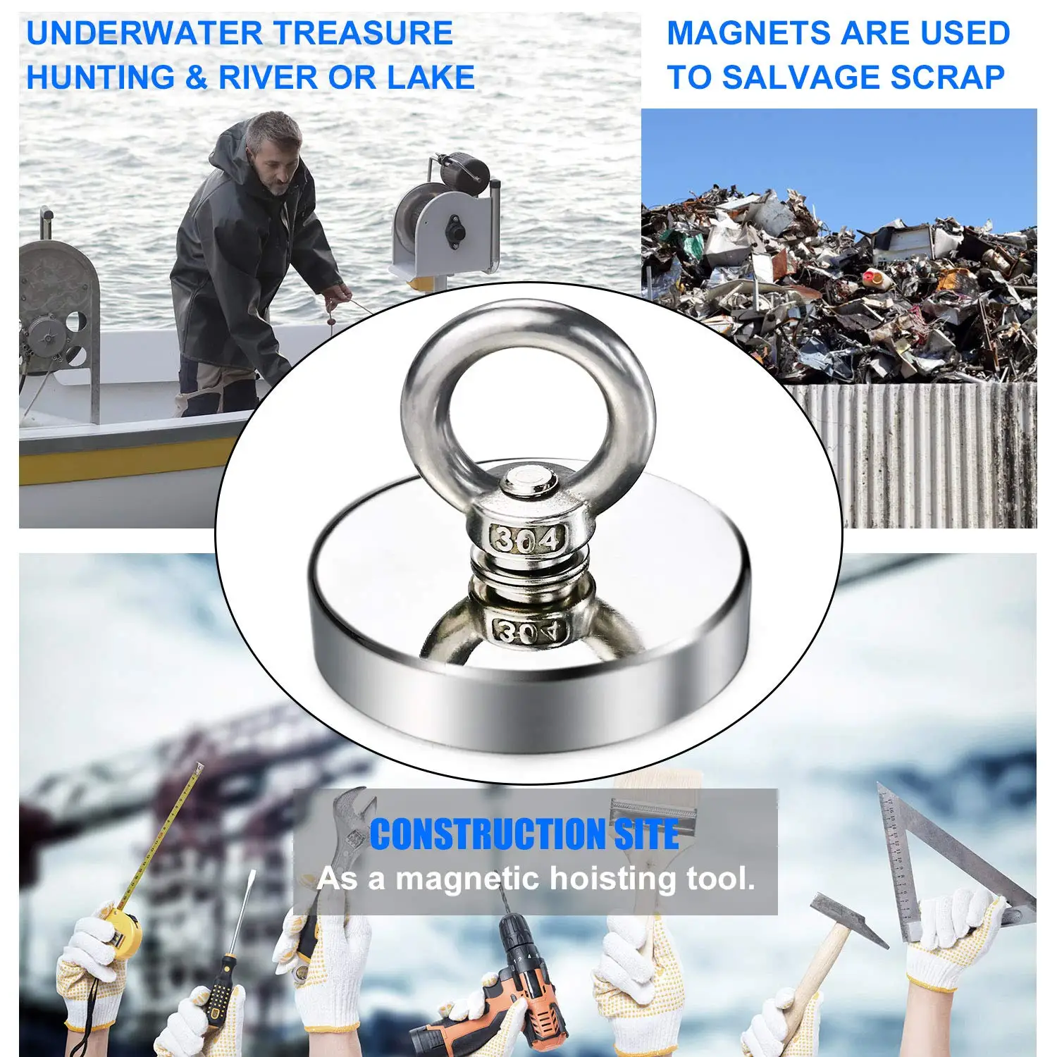 16-90mm Salvage MagnetSuper Strong Neodymium Fishing Magnet Hook N52 Heavy Duty Rare Earth Magnet With Countersunk Hole Eyebolt