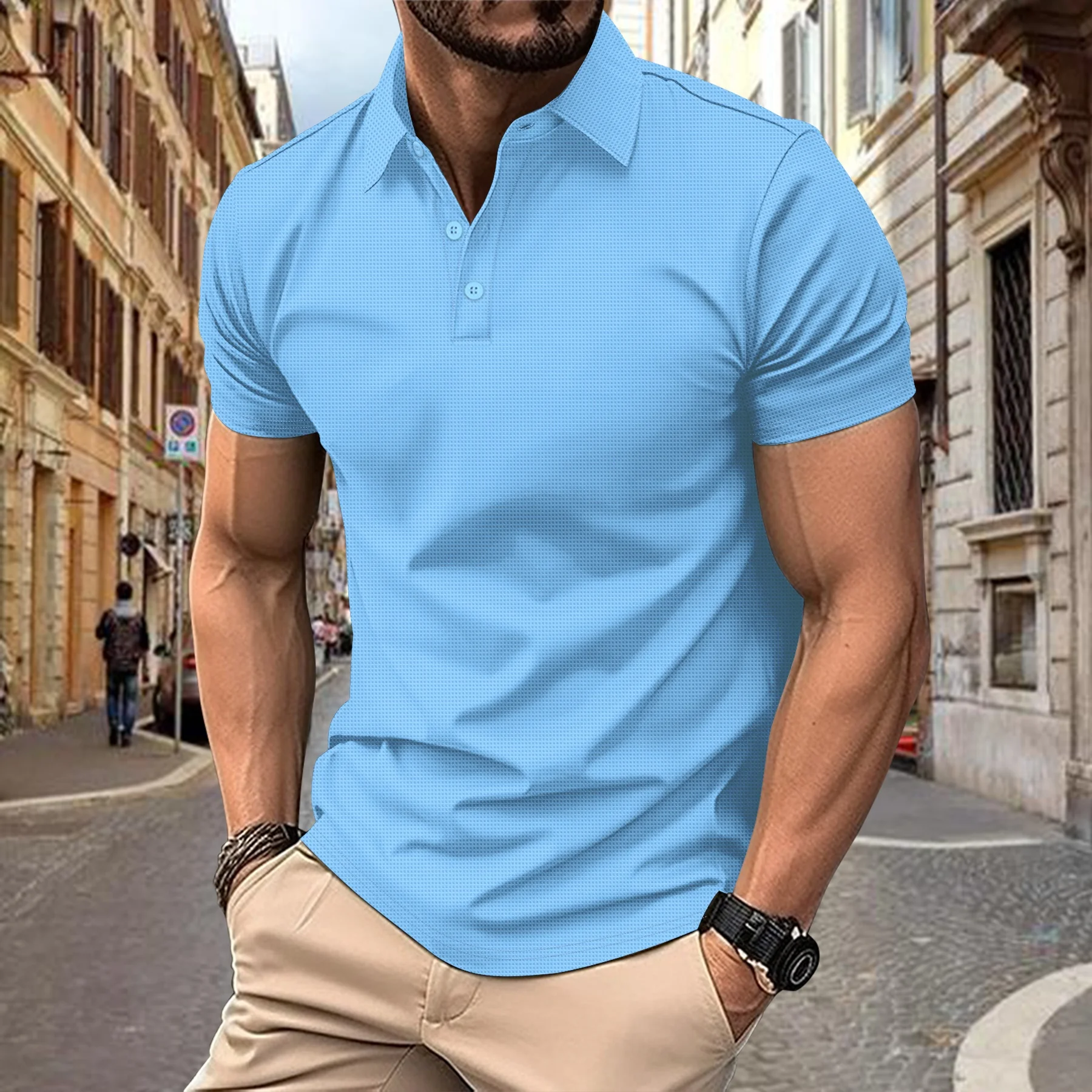 2026 New Men's Summer Breathable Short Sleeved Polo Solid Color Plaid Casual turn-down collar Sporting Golf Polo