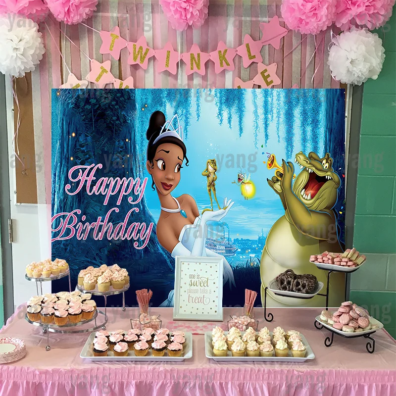 Disney Princess Tiana and The Frog Baby Shower Backdrop Girl Music Birthday Party Cake Banner Night Forest Background Decoration