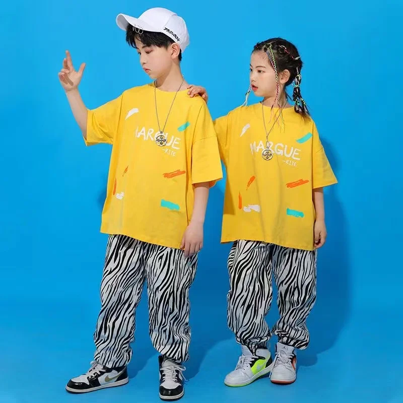 Kids Cool Fashion Ballroom Hip Hop Dancing Outfits Tshirt Cargo Dancing Pants Jazz Dance Wear Costumes Clothes for Boys Girls