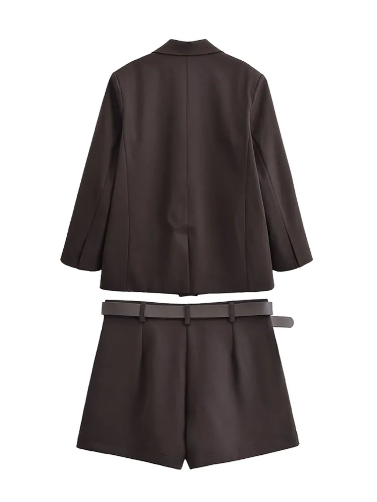 HH femme printemps revers manches longues poche décoration Double boutonnage rétro Blazer + Culottes femme rue mode deux pièces ensemble