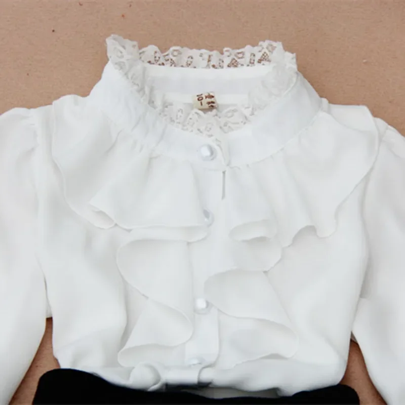 2024 Spring Fall 2-16 Y Chiffon Lace Baby Big Girls Blouse White Clothes Child Long Sleeve School Girl Shirt Kids Tops JW0263