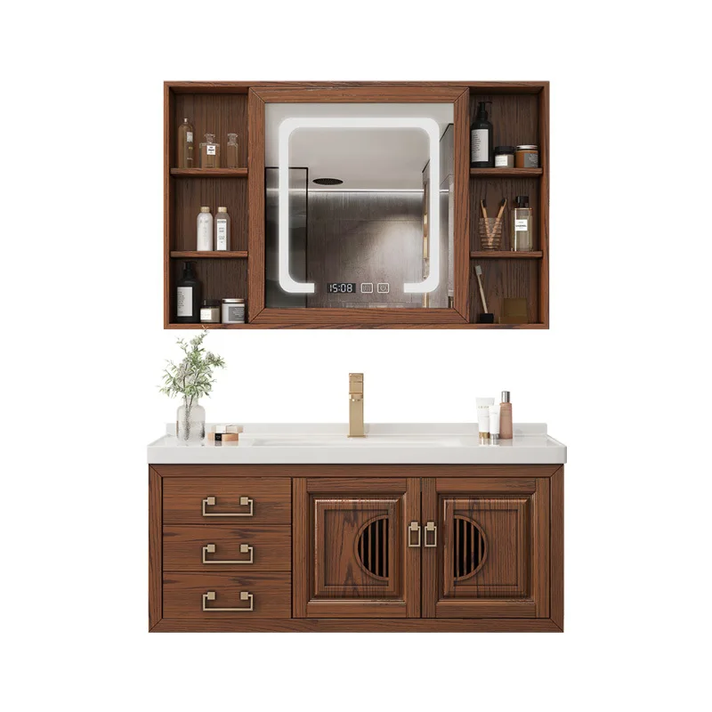 

Встроенный керамический шкаф для ванной комнаты из цельного дерева. Комбинация умных зеркал. Шкаф для умывальника. Умывальник.