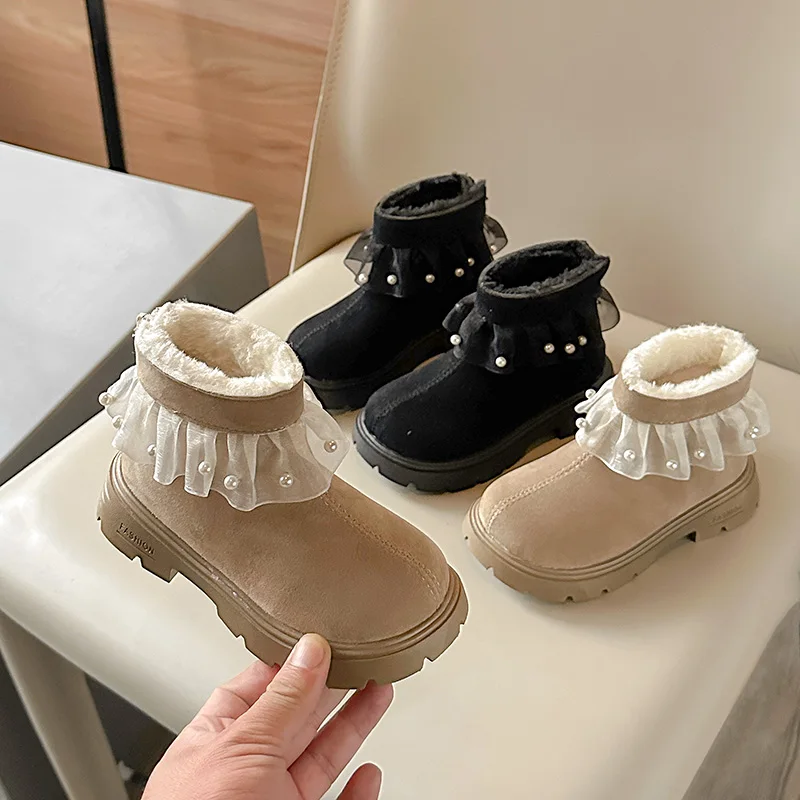 

Winter Girls' Boots Sweet Versatile Children Princess Ankle Boots Chic Lace Ruffled Edge Kids Causal Cotton Boots Thick Bottom