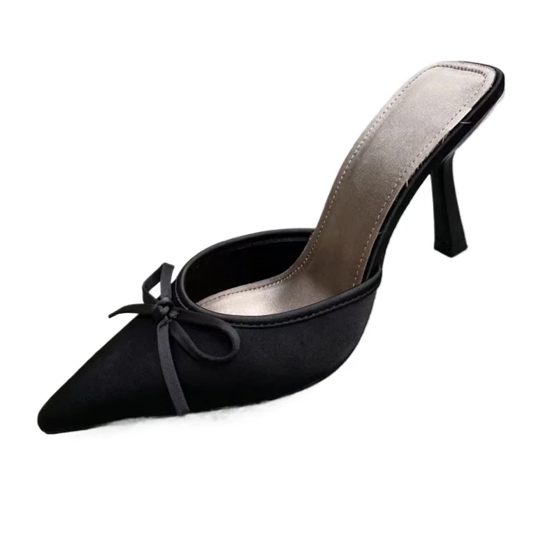 Sommerliche Outdoor-Damen-Halbschuhe: Bequeme, modische High Heels mit spitzer Zehenpartie, Schmetterlingsknoten und weichem Leder zum Hineinschlüpfen