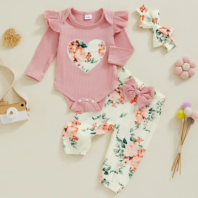 RUEWEY 0 to 18 Months Baby Girls Pant Sets Spring Autumn Clothes Floral Long Sleeves Bodysuit and Elastic Pants Headband