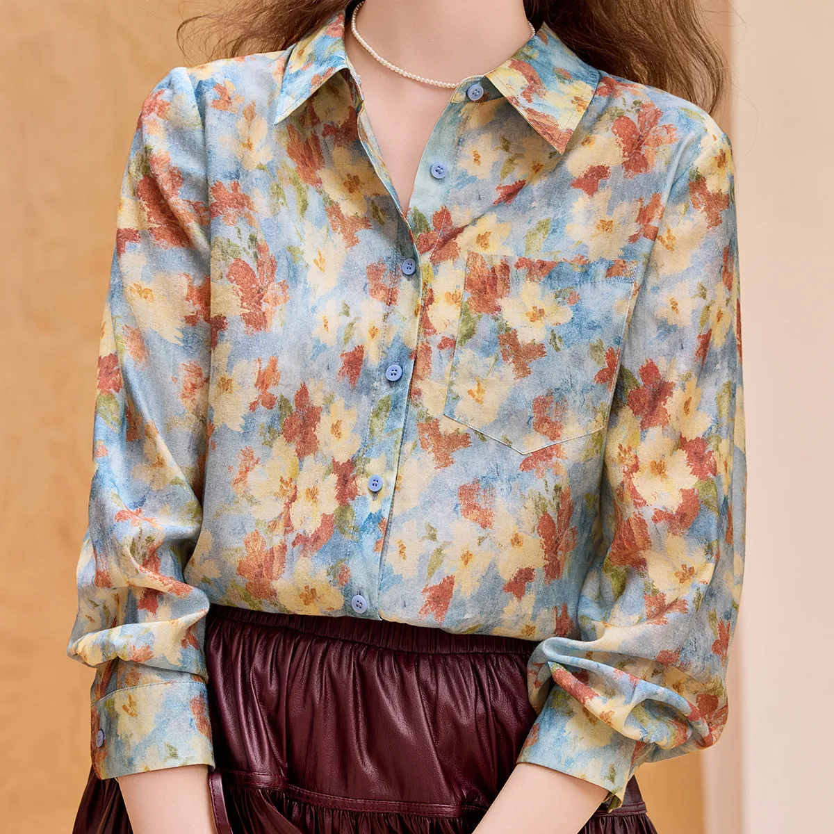 LOUIS YAO New Retro Print Long-Sleeve Shirt 2025 Autumn Blouses Loose-Fit Collared Women's Shirt Versatile Street Tops