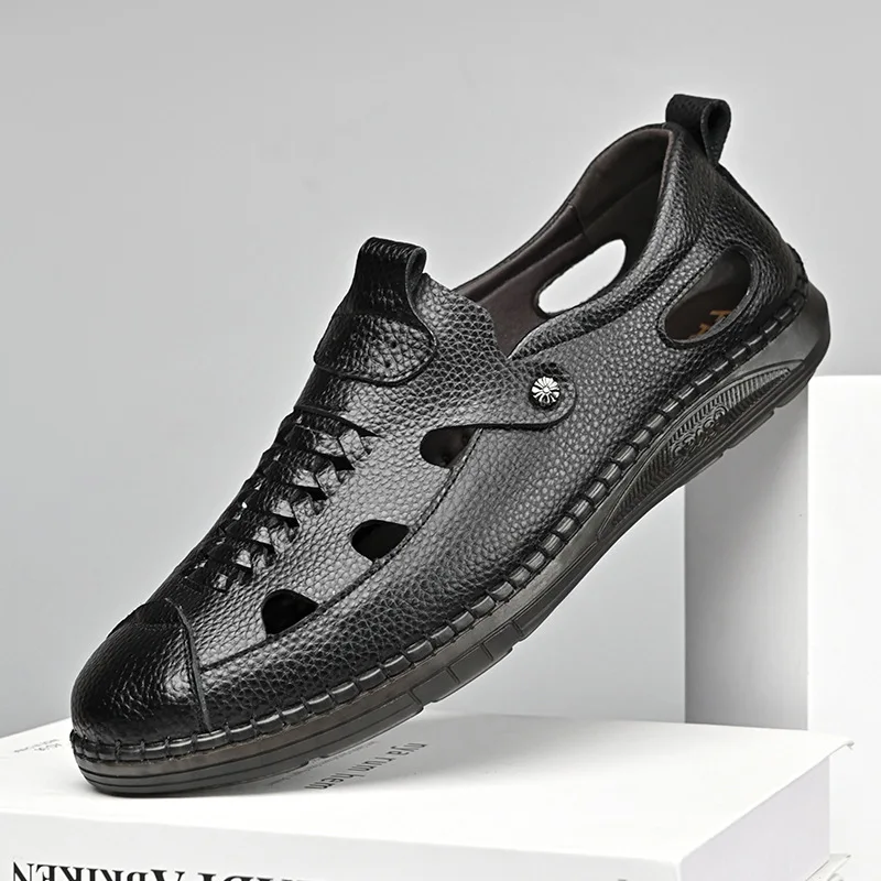 

Summer New Men's Hollow Breathable Leather Shoes Men's Comfortable Soft Sole Casual and Versatile Slip-on Sandals Beach Shoes