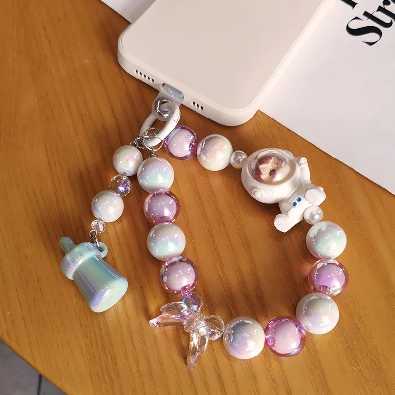 Bow Beaded Astronaut Baby Bracelet Baby Bottle Pendant Universal Phone Case Anti-loss Phone Chain with Mobile Phone Accessories