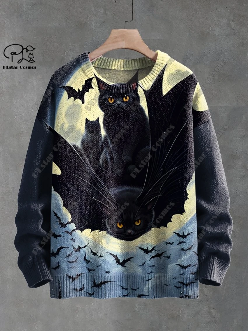 3D Printing Halloween Custom Series Horror Ghost Skull Witch Black Cat Pattern Ugly Sweater Street Casual Winter Sweatshirt W-7