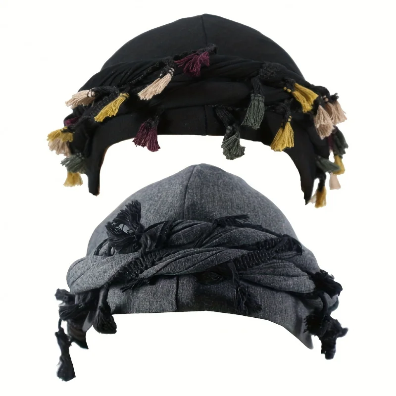

2pcs Set Vintage Tassel Headband and Pirate Hat solid color man ethnic style turban hats for sports outdoor wear