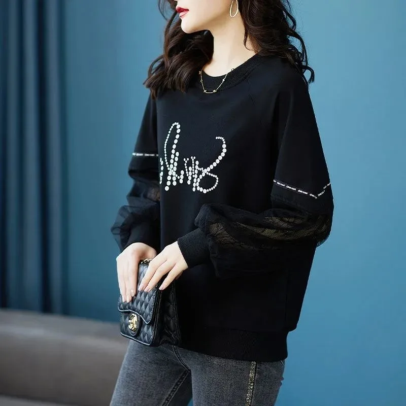 Hoodies Women O-neck Lace Sequins Printed Pullovers Spring Summer Fashion Fashion Comfortable Loose Solid Unique Streetwear