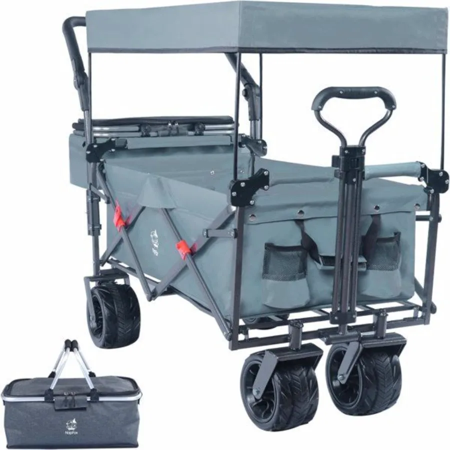 

Collapsible Wagon Heavy Duty Folding Wagon Cart with Removable Canopy 4 Wide Large All Terrain Wheels Brake Adjustable Handles