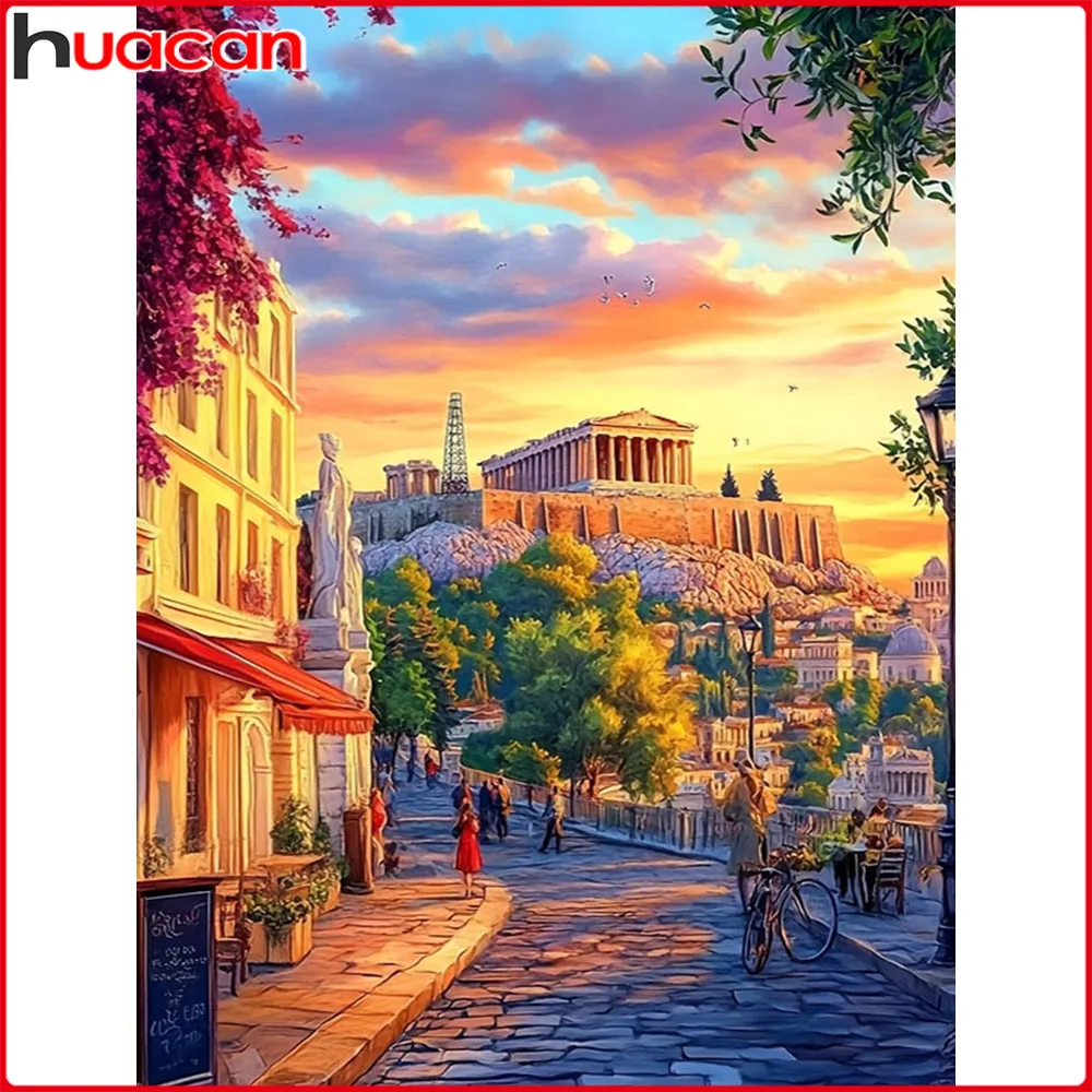 Huacan Neuheiten 2025, Diamantgemälde, Sonnenuntergang, Straßengebäude, Diamantmosaik, Landschaft, komplettes Set, Bastelset