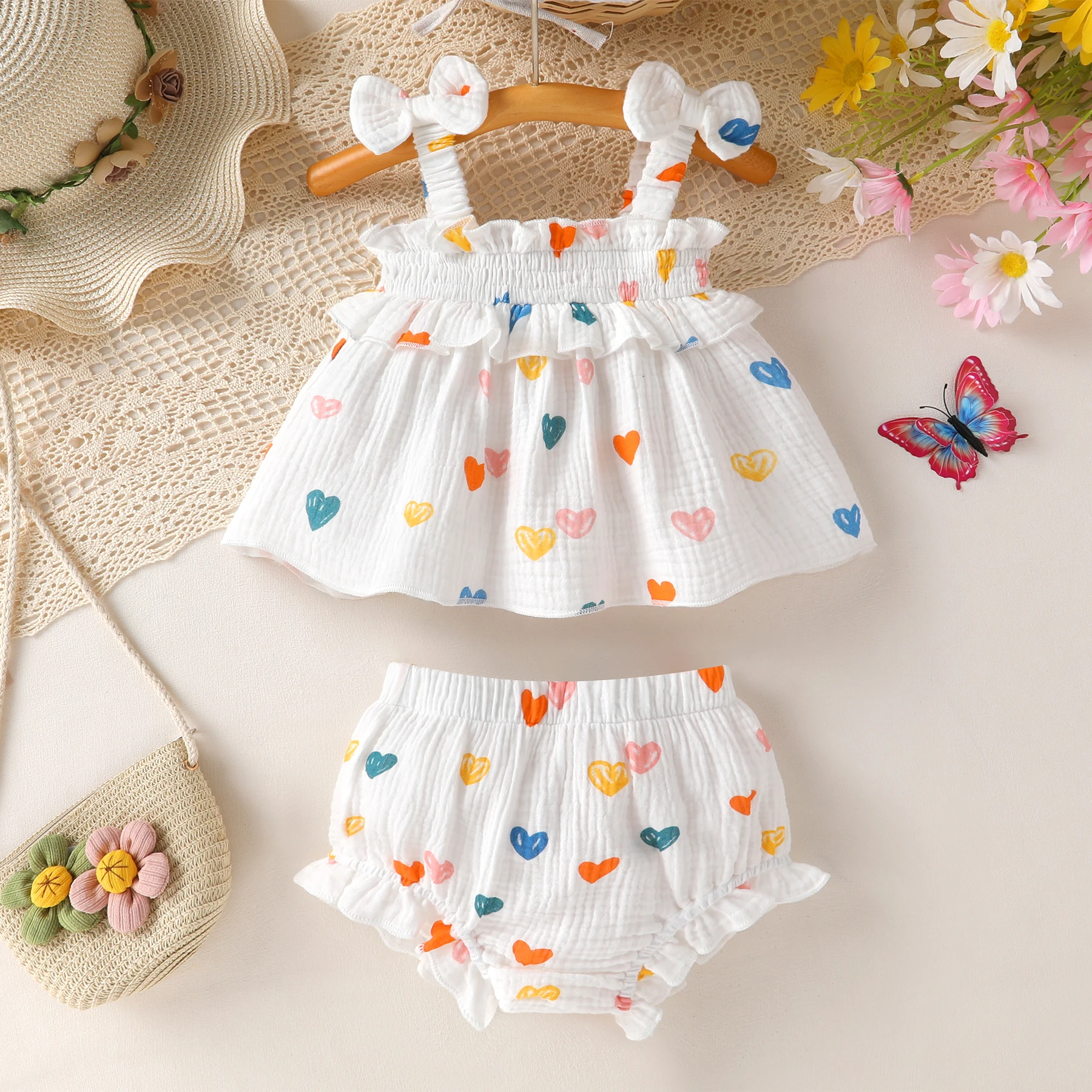 Baby Girls Casual Cotton Allover Print Bow Camisole Top with Elastic Waist Diaper Shorts 2PCS