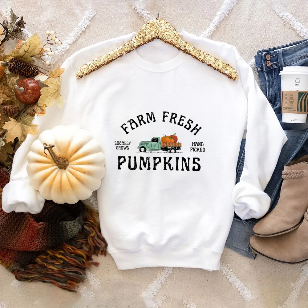 Farm Fresh Pumpkins Fall Women Sweatshirt Thanksgiving Sweater Fall Pumpkin Tee Autumn Halloween Women Sweater Outfits