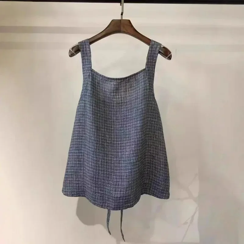 Summer New Vintage Literary Strap Tops Women French Style Breathable Casual Female Vest  Adjustable Back Tie Womens Clothing