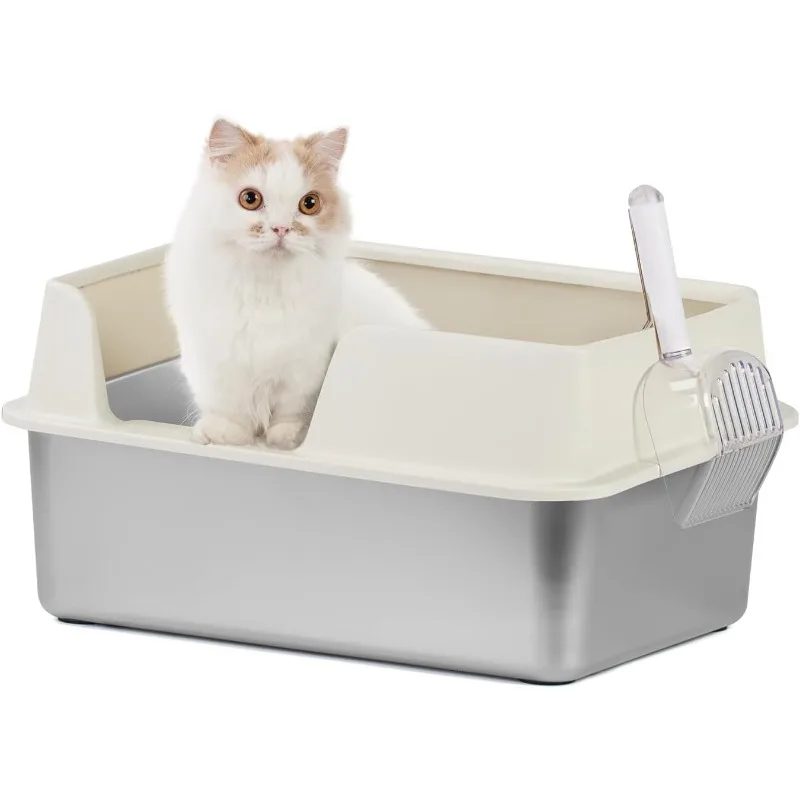 Stainless Steel Cat Litter Box with Scoop, Large Litter Box with High Sided Walls, Durable Metal Kitty Litter Box with Enclosure