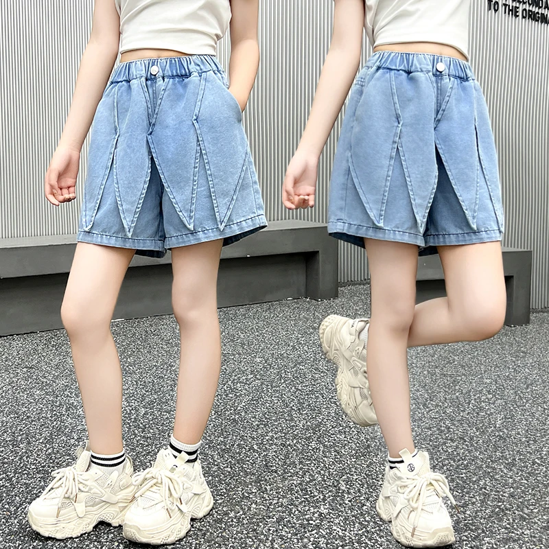 New Kids Design Summer Denim Shorts With Applique for Tweens Girl Stylish Street Wear Shorts Children Fashion Jeans Shorts 5-14T