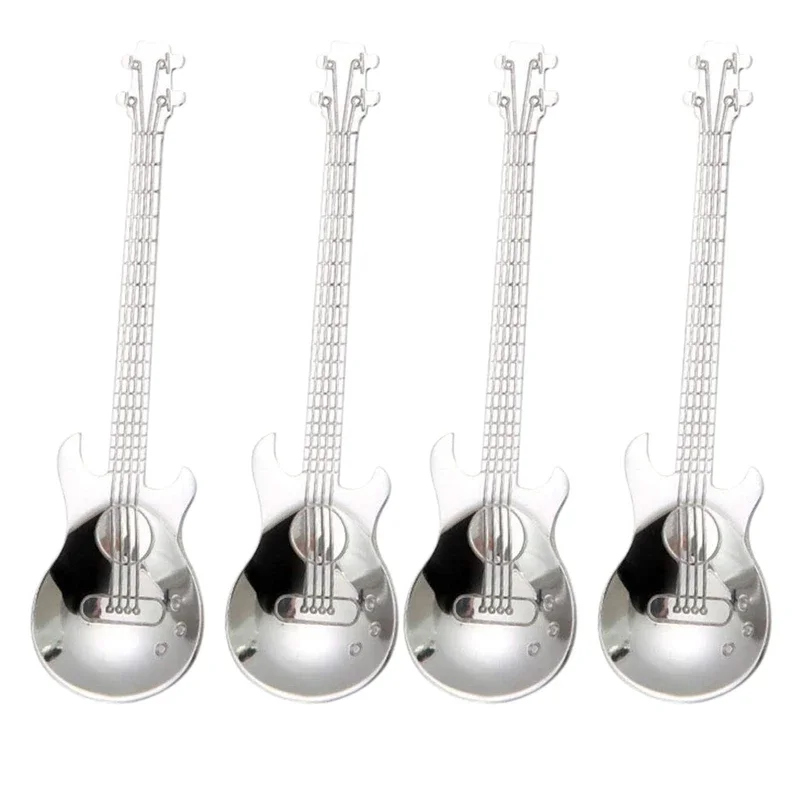 Guitar Coffee Teaspoons,4 Pcs Stainless Steel Musical Coffee Spoons Teaspoons Mixing Spoons Sugar Spoon(Silver)