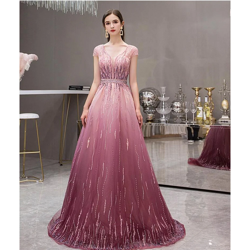 New Princess Dress Fashion Elegant V-Neck Cap Straps Beaded High Quality Custom A-line Sweep Train Evening Dress Prom Dress