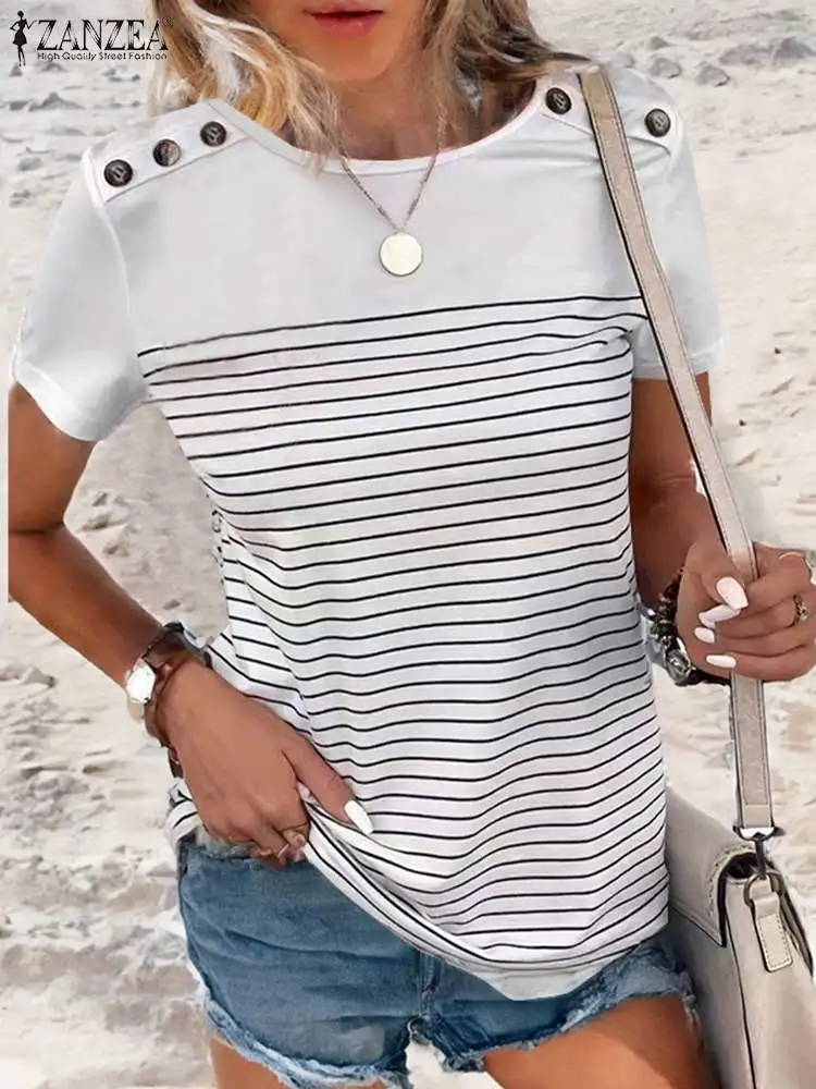 ZANZEA Koeran Casual Stripe Women T-shirt Aummer Buttons Short Sleeve Tees 2024 Fashion Round Neck Basic Tops Simple Loose Shirt